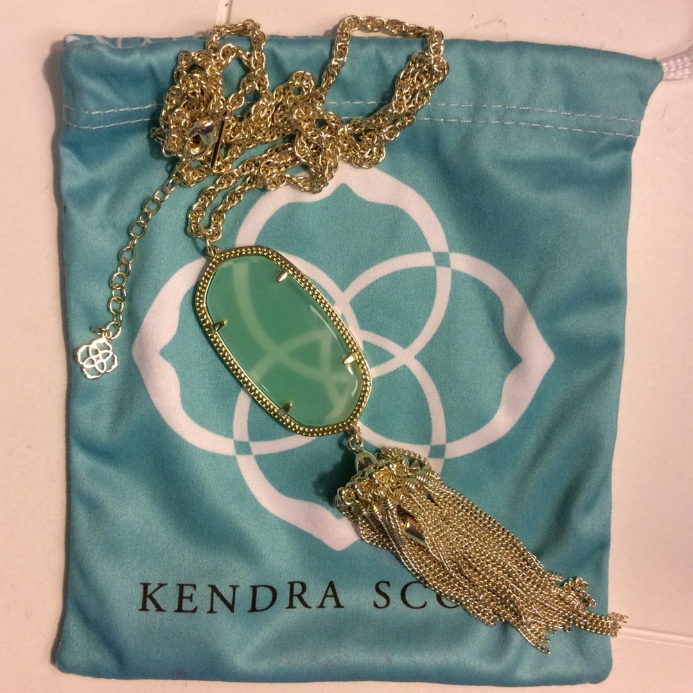 Kendra Scott Rayne Green Mint long gold necklace